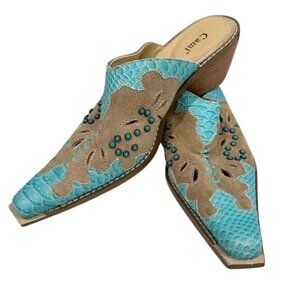 Cami Womens Western Mule Shoes Size 8 Turquoise & Tan Faux Leather & Suede